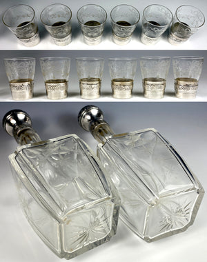 Antique 19th Century French Sterling Silver, Engraved Crystal Liqueur Decanter Set, 6 Cordial Cups