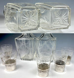 Antique 19th Century French Sterling Silver, Engraved Crystal Liqueur Decanter Set, 6 Cordial Cups