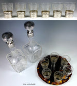 Antique 19th Century French Sterling Silver, Engraved Crystal Liqueur Decanter Set, 6 Cordial Cups