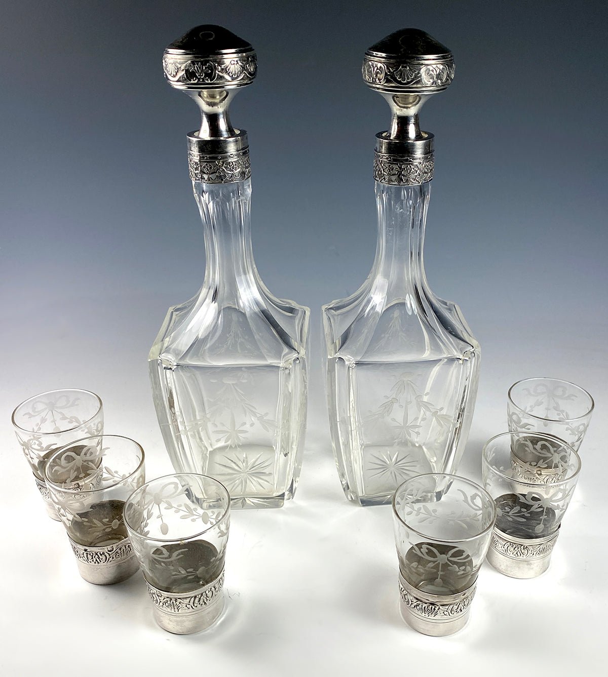 Antique 19th Century French Sterling Silver, Engraved Crystal Liqueur Decanter Set, 6 Cordial Cups