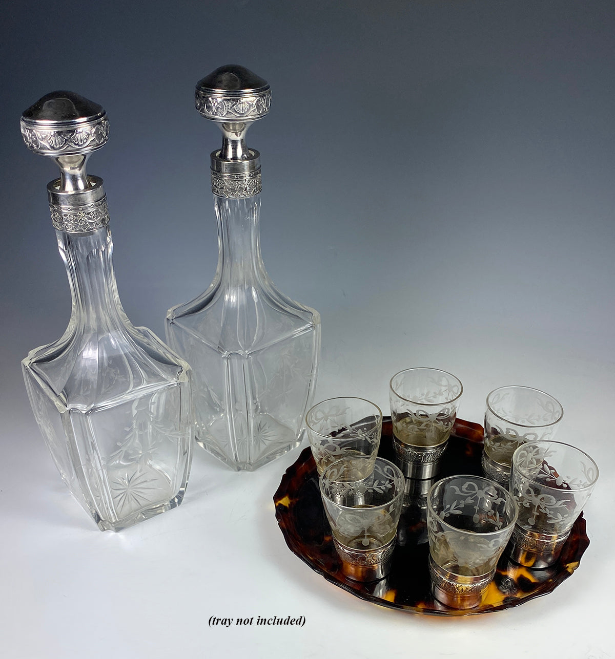 Antique 19th Century French Sterling Silver, Engraved Crystal Liqueur Decanter Set, 6 Cordial Cups