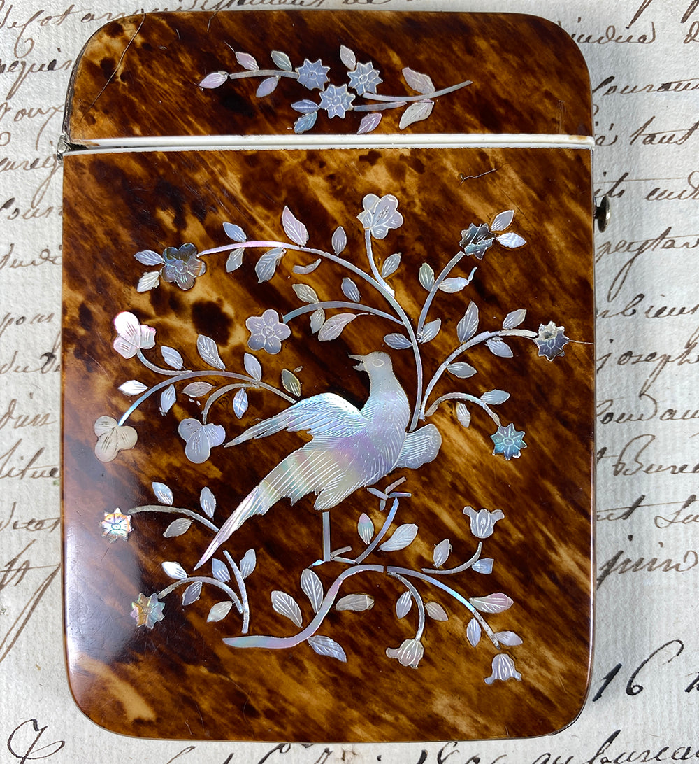 Antique Victorian Era Card Case, Mother of Pearl Marquetry on Tortoise Shell, Napoleon III