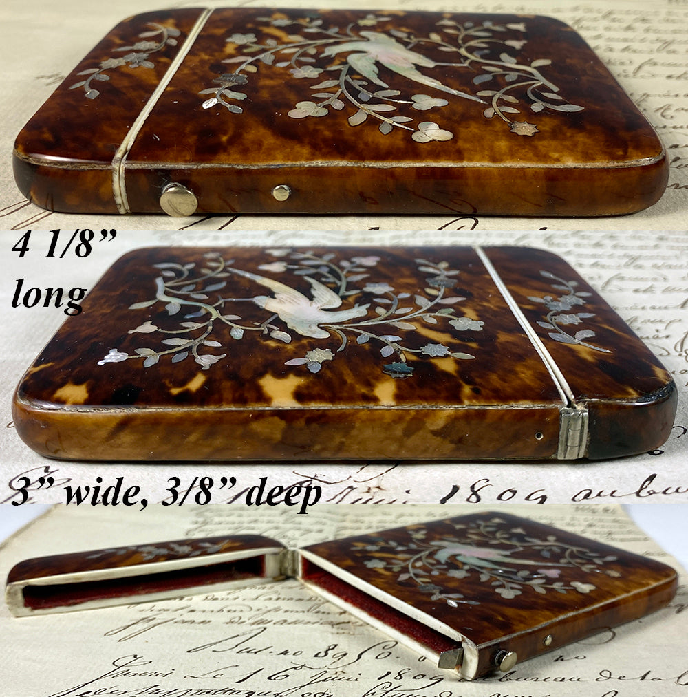 Antique Victorian Era Card Case, Mother of Pearl Marquetry on Tortoise Shell, Napoleon III