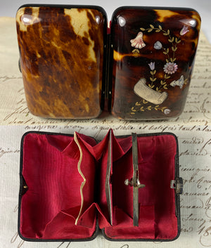 Fine Antique French Tortoise Shell Coin Purse, Mother of Pearl and Silver Pique, Inlay, Napoleon III