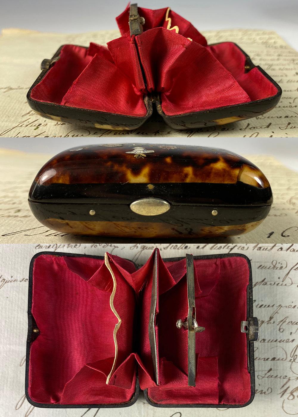 Fine Antique French Tortoise Shell Coin Purse, Mother of Pearl and Silver Pique, Inlay, Napoleon III