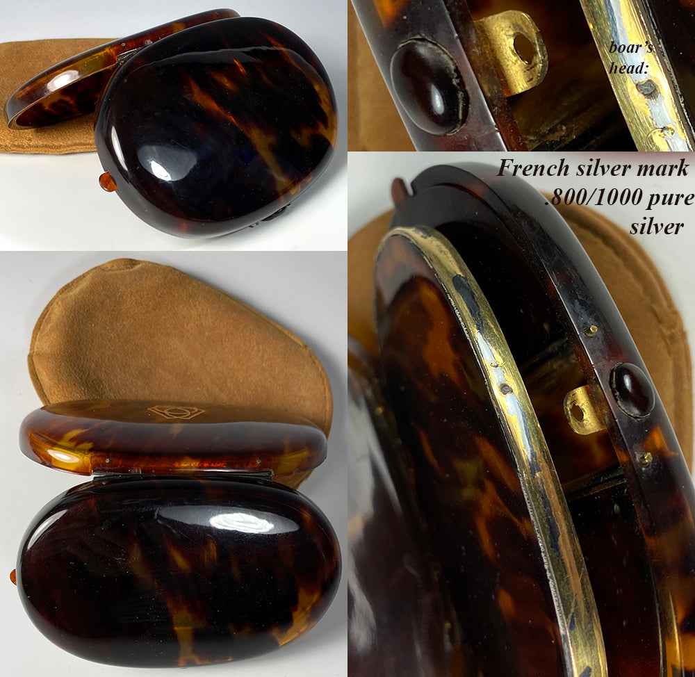 Fine Antique French Minaudiére or Compact, Sterling Silver & Tortoise Shell, Oval in Suede Purse