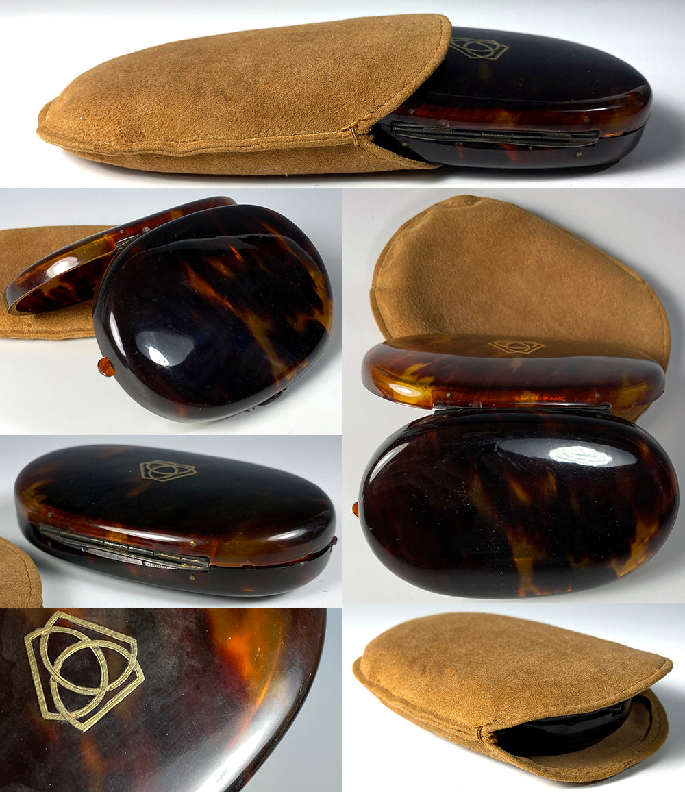 Fine Antique French Minaudiére or Compact, Sterling Silver & Tortoise Shell, Oval in Suede Purse