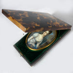 Antique French 5" x 4.5" Etui, Case for Portrait Miniature, Tortoise Shell and Silk Velvet,