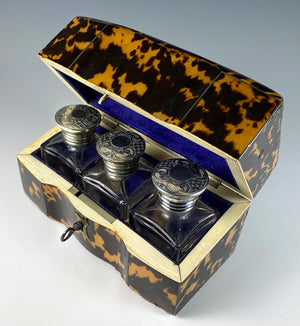 Fine Antique Victorian Tortoise Shell Scent Caddy, Complete w 3 Perfume Bottles, c.1850s, Lock and Key
