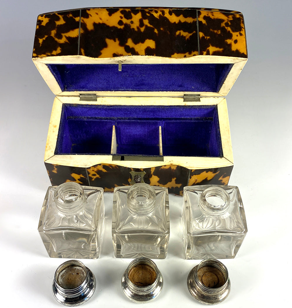 Fine Antique Victorian Tortoise Shell Scent Caddy, Complete w 3 Perfume Bottles, c.1850s, Lock and Key