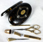 Antique French Sterling Silver Vermeil Sewing Tools in Tortoise Shell Case, Etui, c.1850s