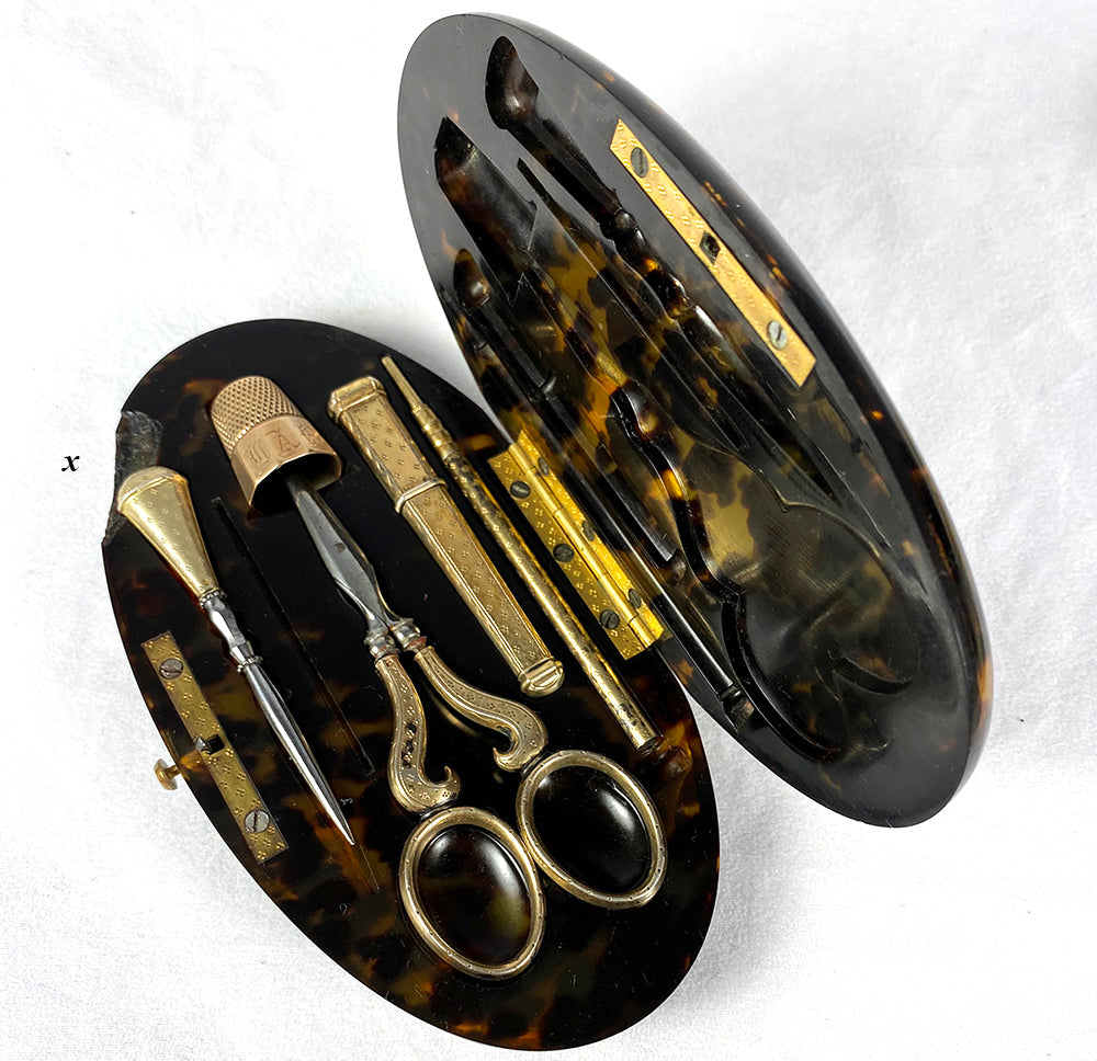 Antique French Sterling Silver Vermeil Sewing Tools in Tortoise Shell Case, Etui, c.1850s