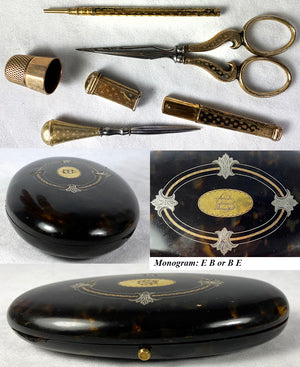 Antique French Sterling Silver Vermeil Sewing Tools in Tortoise Shell Case, Etui, c.1850s