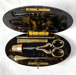 Antique French Sterling Silver Vermeil Sewing Tools in Tortoise Shell Case, Etui, c.1850s