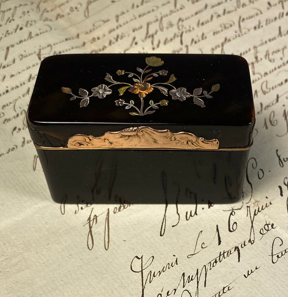 Antique c.1760-1800 French Snuff Box, Tortoise Shell w 18k Gold, Silver Pique Inlays