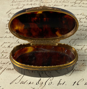 Antique c.1760-1800 French Snuff Box, Tortoise Shell w 18k Gold, Silver Marquetry Inlays