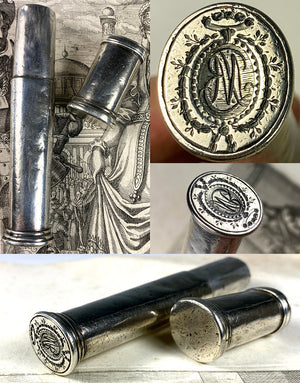 Antique c.1700s Etui à Cire, French Silver Wax Seal, Sceau and Case for Sealing Wax