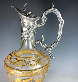 Fine Antique Raised Gold Enamel on Baccarat Crystal Claret Jug, Wine Decanter, Armand Fresnais S P