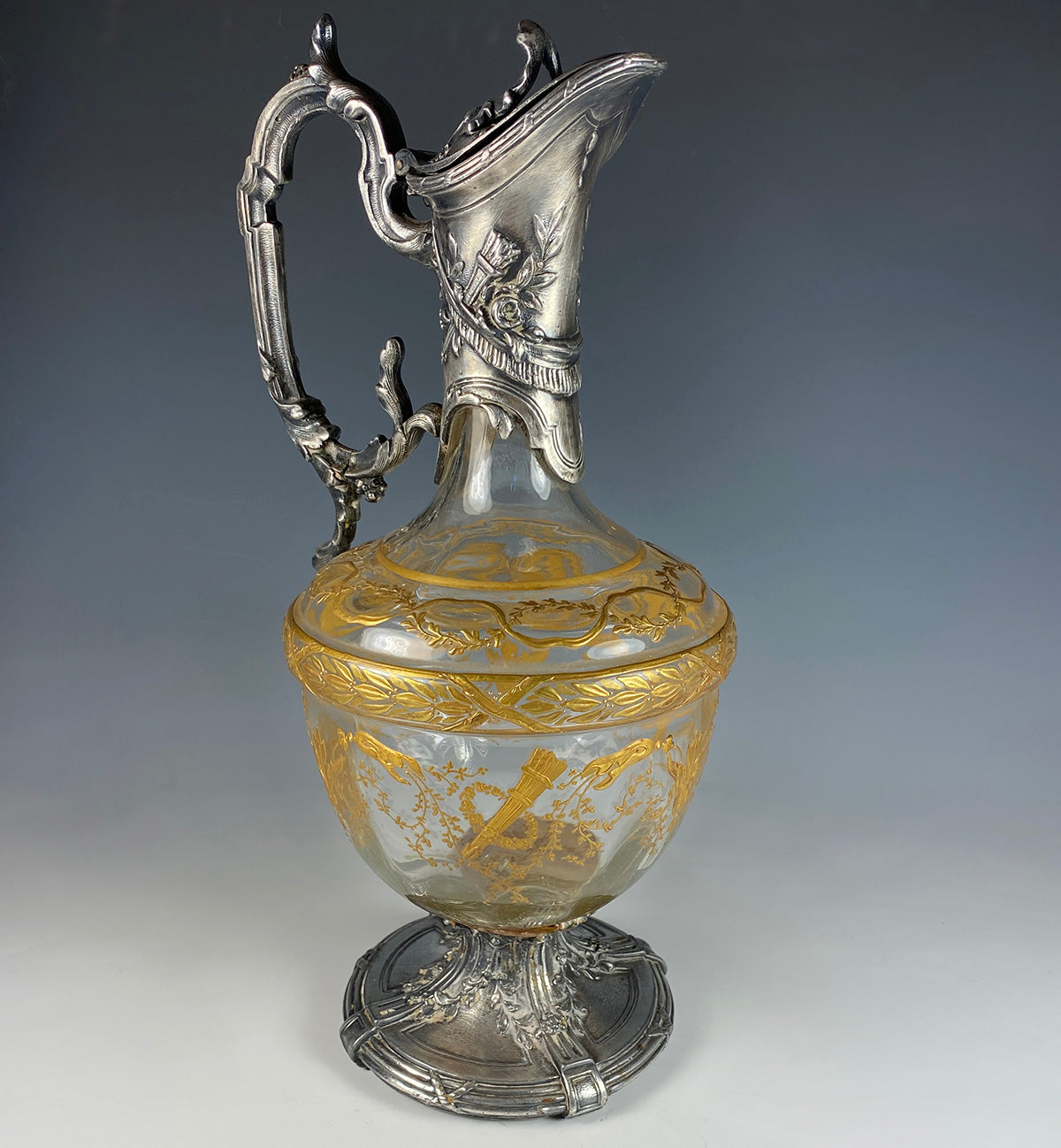 Fine Antique Raised Gold Enamel on Baccarat Crystal Claret Jug, Wine Decanter, Armand Fresnais S P