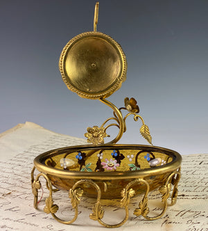 Antique French Enameled Glass and Ormolu Pocket Watch Stand, Vide Poche, 19th c.