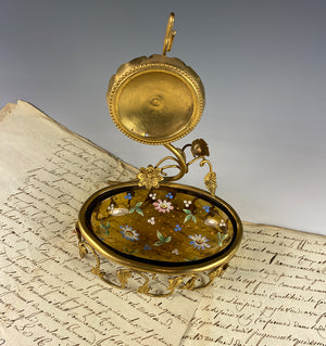 Antique French Enameled Glass and Ormolu Pocket Watch Stand, Vide Poche, 19th c.