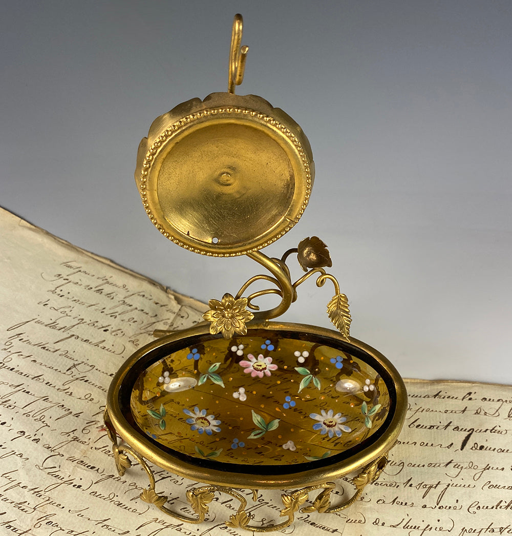 Antique French Enameled Glass and Ormolu Pocket Watch Stand, Vide Poche, 19th c.