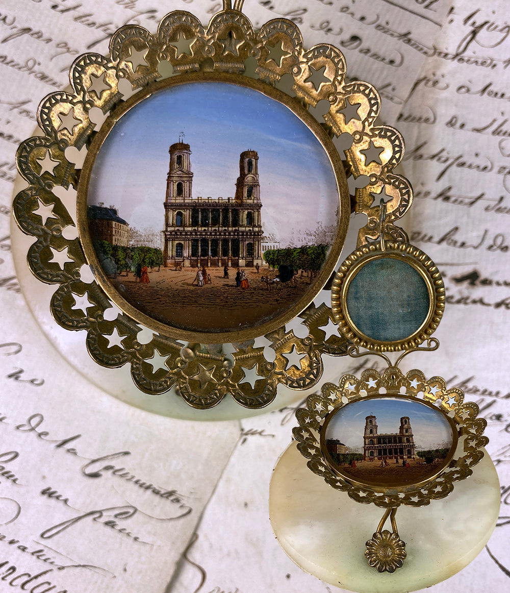 Antique French Eglomise Grand Tour Souvenir Pocket Watch Stand, Saint-Sulpice, PARIS