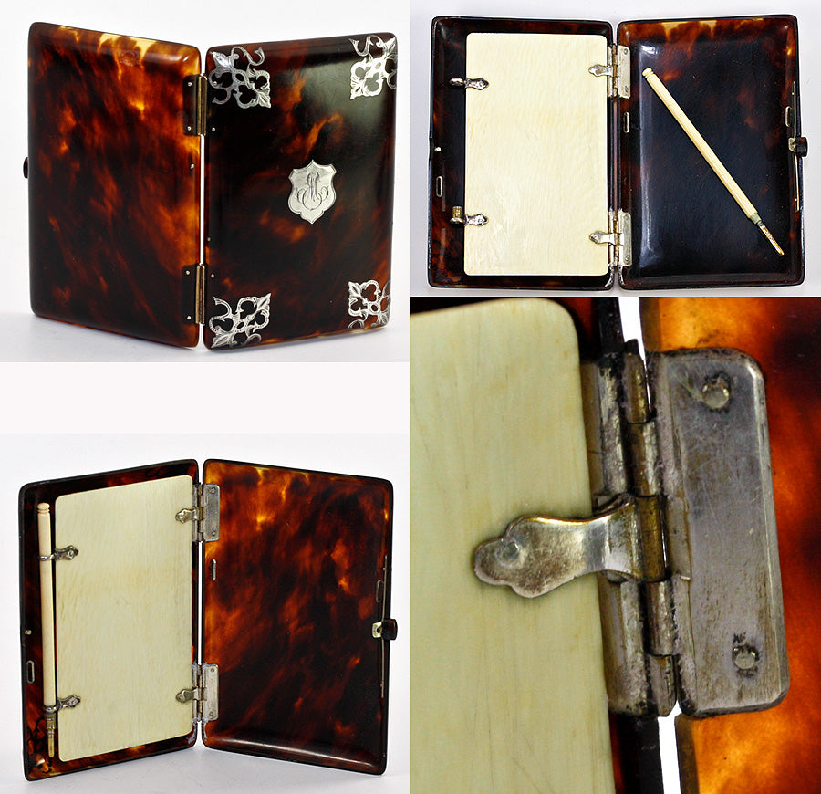 Antique Calling Card Case, Necessaire, Tortoise Shell, Ivory & French Sterling Silver, Victorian Tortoiseshell