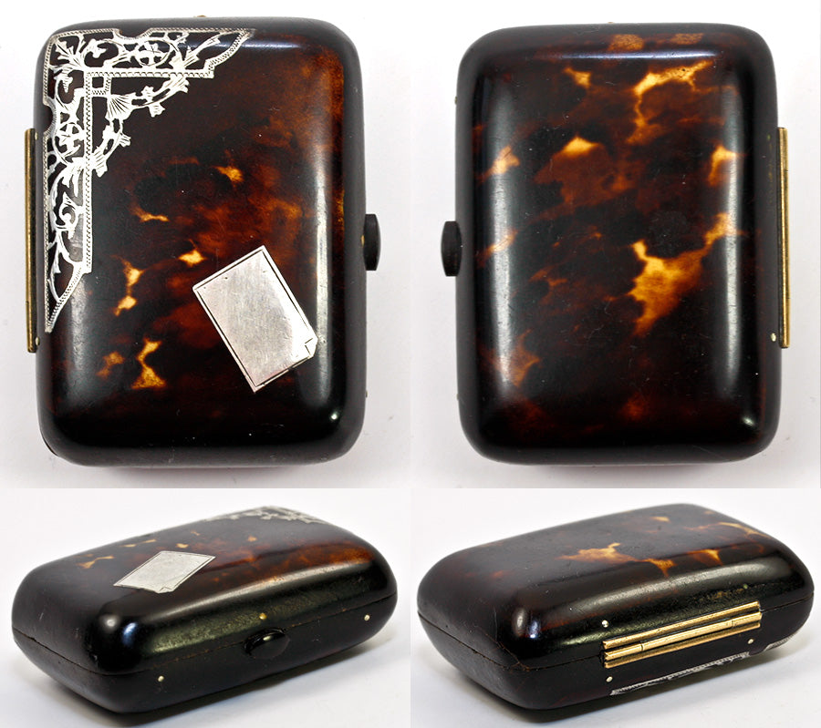 Antique Victorian Era, Napoleon III French Coin Purse in Tortoise Shell with Sterling Inlay, Tortoiseshell