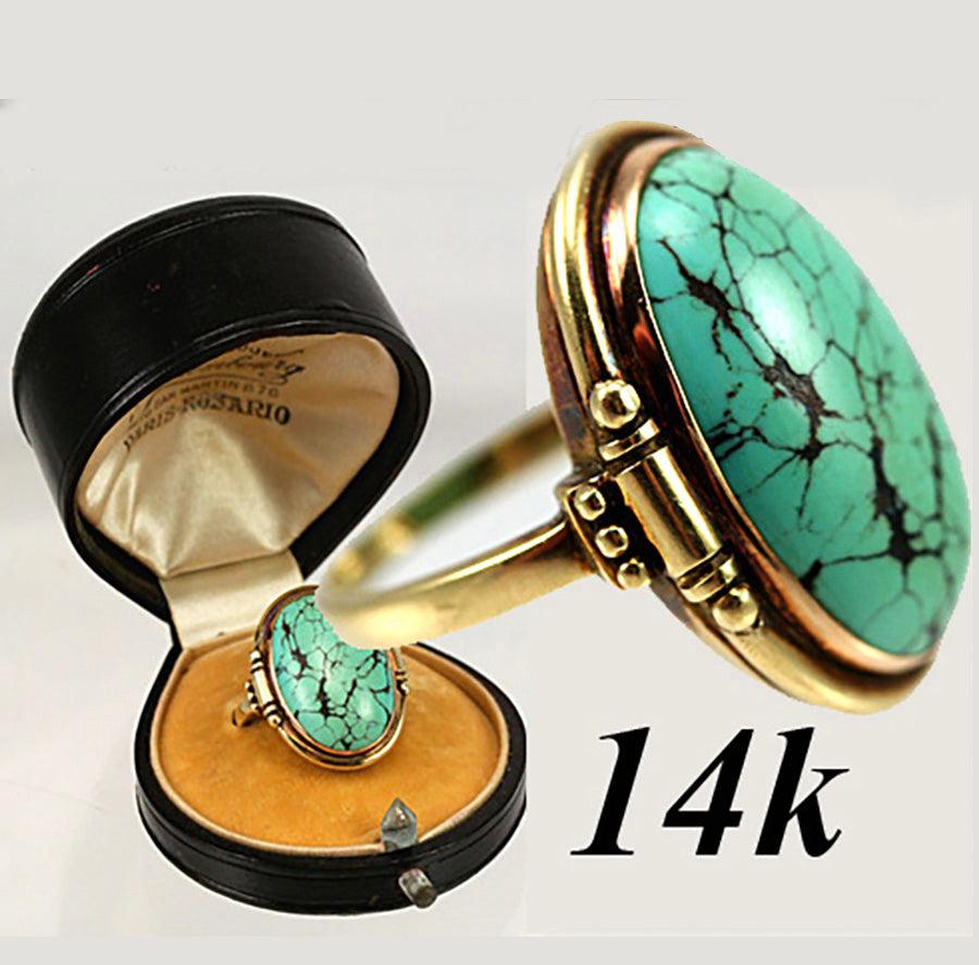 Vintage Heavy 14k Gold Mounted Large 25mm x 20mm Persian Turquoise Cabochon Ring Size 8