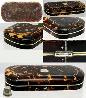 Antique Tortoise Shell Sewing Box, Etui - Sterling & Ivory Sewing Implements, Tortoiseshell Casket