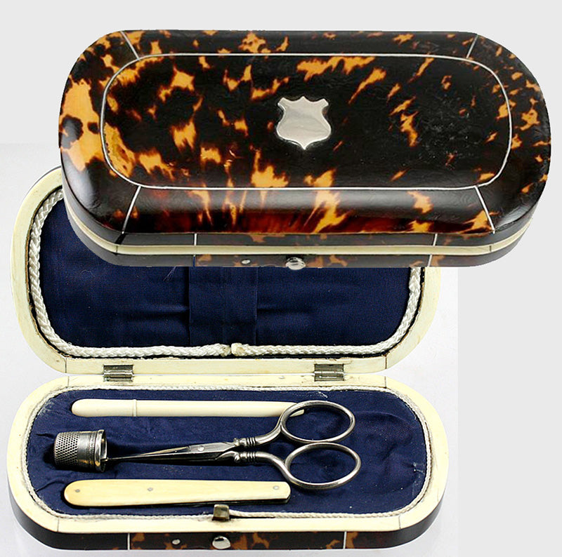 Antique Tortoise Shell Sewing Box, Etui - Sterling & Ivory Sewing Implements, Tortoiseshell Casket