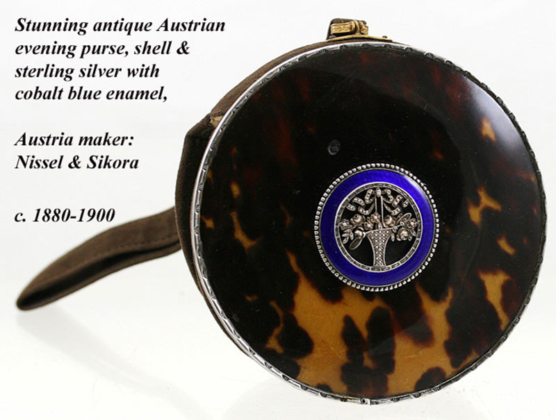 Antique Victorian to Edwardian Austrian Nissel & Sikora Evening Purse, Tortoise Shell, Sterling Silver, Kiln-fired Enamel, 4" Diameter