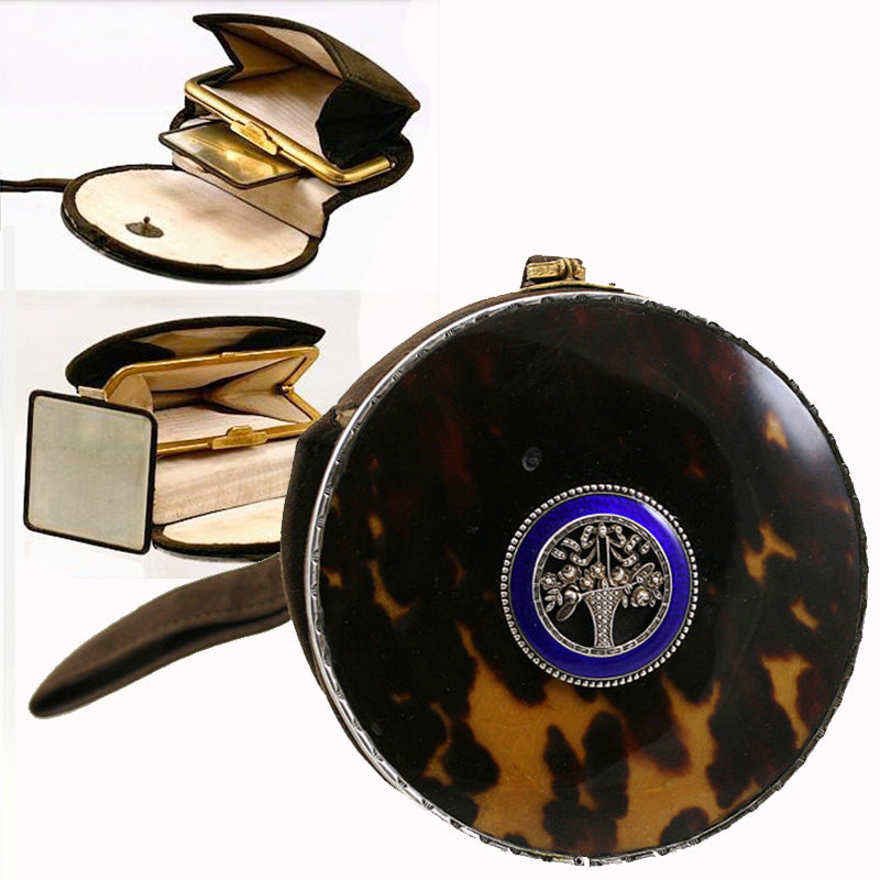 Antique Victorian to Edwardian Austrian Nissel & Sikora Evening Purse, Tortoise Shell, Sterling Silver, Kiln-fired Enamel, 4" Diameter