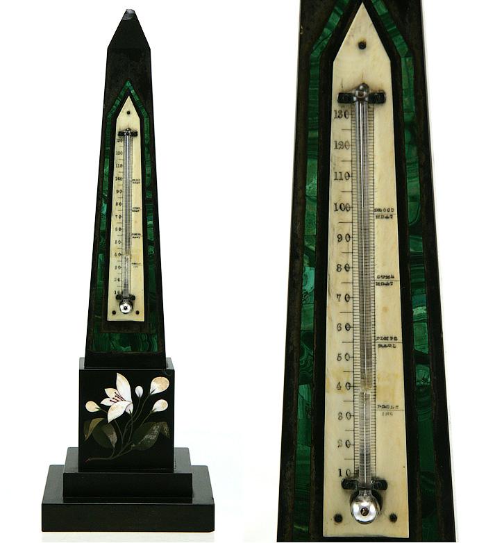 iAntique Italian Grand Tour 14" Pietra Dura Floral Inlay Marble Obelisk, Thermometer, Malachite