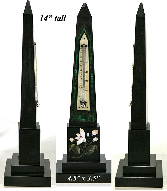 iAntique Italian Grand Tour 14" Pietra Dura Floral Inlay Marble Obelisk, Thermometer, Malachite