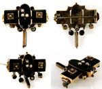 Antique Victorian 12k Mourning Brooch, Jet and Seed Pearls with Dangles, c.1840-80