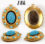 Antique 18k Gold French Mourning Locket, Lots of Persian Turquoise Cabochons, Etruscan Aesthetic