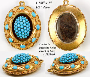 Antique 18k Gold French Mourning Locket, Lots of Persian Turquoise Cabochons, Etruscan Aesthetic