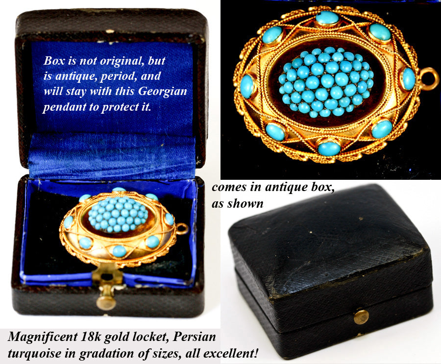 Antique 18k Gold French Mourning Locket, Lots of Persian Turquoise Cabochons, Etruscan Aesthetic