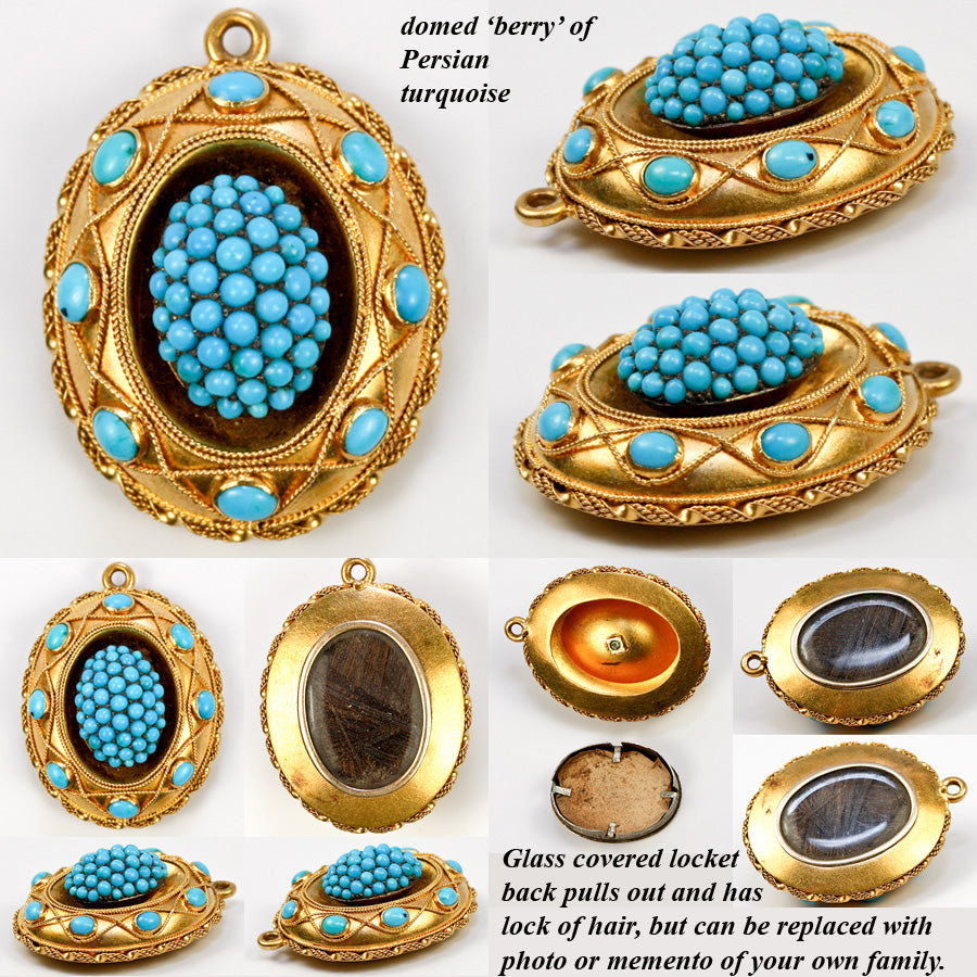 Antique 18k Gold French Mourning Locket, Lots of Persian Turquoise Cabochons, Etruscan Aesthetic