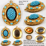 Antique 18k Gold French Mourning Locket, Lots of Persian Turquoise Cabochons, Etruscan Aesthetic