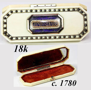 Antique Georgian 18k and Enamel 'Souvenir' Etui, 'Boite a' Mouche', Patch Box or Toothpick Box, Ivory