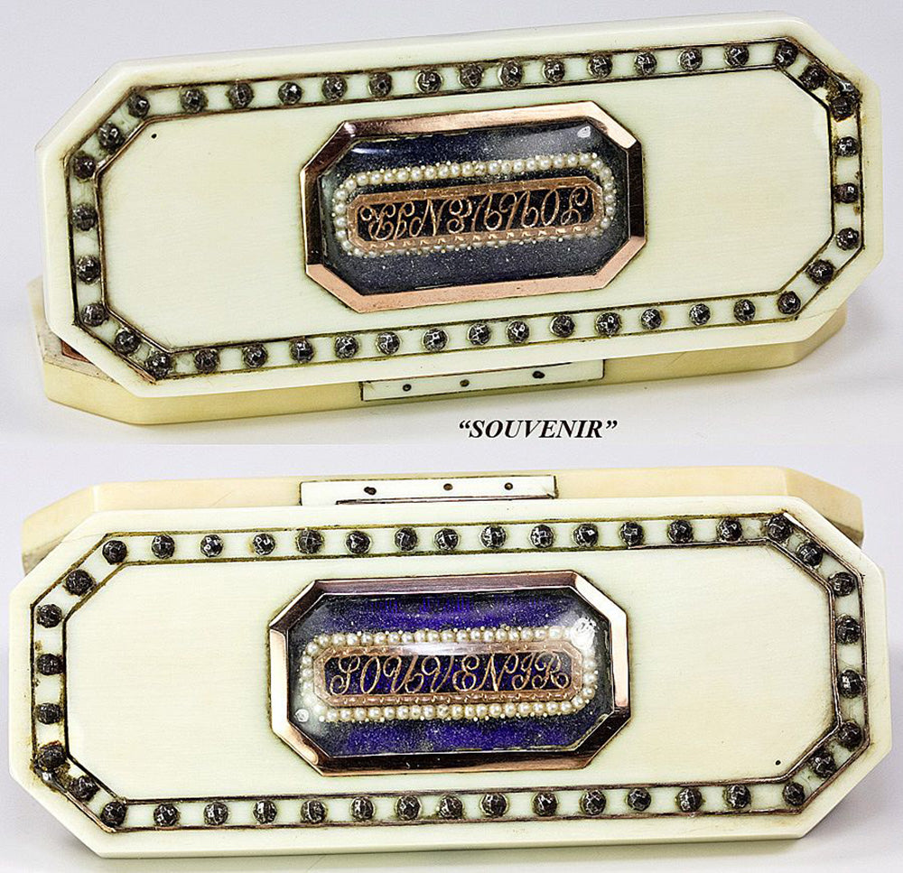 Antique Georgian 18k and Enamel 'Souvenir' Etui, 'Boite a' Mouche', Patch Box or Toothpick Box, Ivory