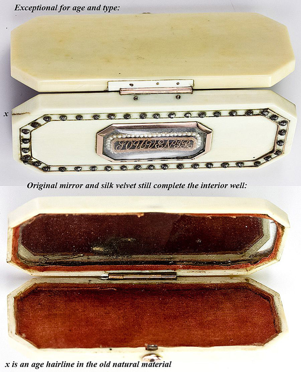 Antique Georgian 18k and Enamel 'Souvenir' Etui, 'Boite a' Mouche', Patch Box or Toothpick Box, Ivory