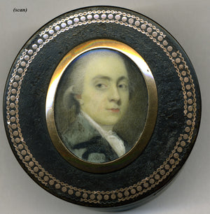 Antique Georgian Portrait Minitaure, 1750-70 Tortoise Shell Snuff Box, 12K Gold Pique & Frame - Georgian