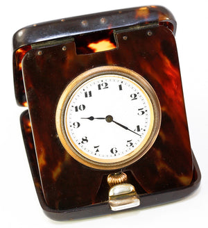 Antique 19th Century Swiss Made Clockworks, Tortoise Shell Travel Case, Clock in Tortoiseshell