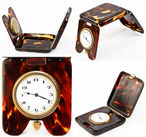 Antique 19th Century Swiss Made Clockworks, Tortoise Shell Travel Case, Clock in Tortoiseshell