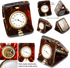 Antique 19th Century Swiss Made Clockworks, Tortoise Shell Travel Case, Clock in Tortoiseshell