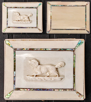 Rare Antique French 4" x 3" Calling Card Case, Ivory, HC Dieppe Ivory Dog, Spaniel, Abalone Accents